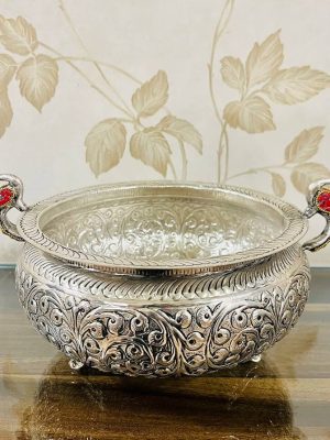 German Silver Peacock  Urli | Handcrafted Pooja Bowl from Vrindavan | Spiritual Home Décor