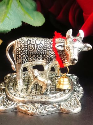 Antique German Silver Cow Calf Set | Pure Silver Plated | Vrindavan Pooja Decor | Gift & Temple Offering