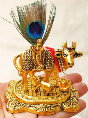 Gold Plated Flute Krishna 🪈 with Peacock Feather & Cow Calf Set | 3” | Gift Box 🎁 | Vrindavan