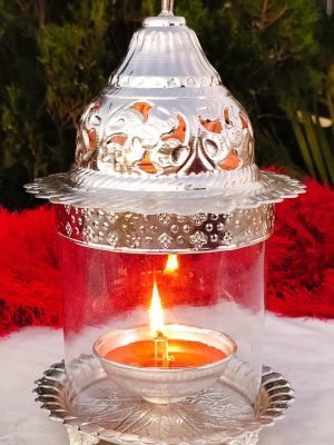 German Silver Big Akhand Diya | 9.5” Tall | Navratri & Diwali Pooja | Long-Lasting Oil Capacity | Vrindavan