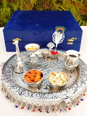 Antique German Silver Aarti Thali Set | Hanging Ghungaru | Flute Krishna Tilak Stick | 13” Big Pooja Thali | Vrindavan