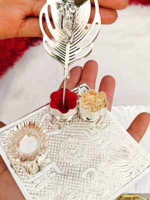 German Silver Tika Thali Set | Flute Krishna Tilak Stick | Pooja Gift | Wedding Ritual | Vrindavan Holy Item