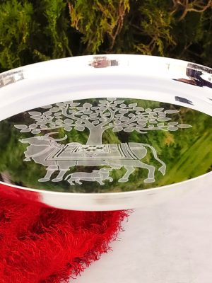 German Silver 10" Inch Hand Engraved Cow Calf Thali with Kalpavriksh Design | Pooja Plate