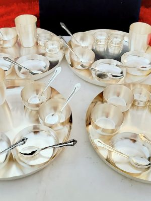 German Silver Pure Silver Finish 48-Piece Rajwadi Bhojan Thali/Dinner Set 🍽️ Velvet Box Pack