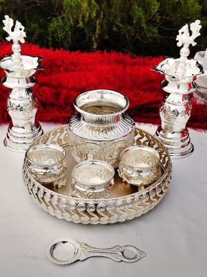 German Silver Pooja Set  Ashtalaxmi Kalasha, Peacock Diya, Elephant Bowls – Handmade in Vrindavan