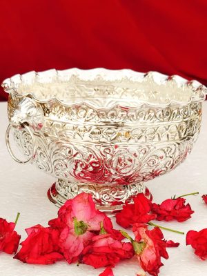 German Silver Big Size Washable Prasadam Basin | Urli Bowl with Round Handles – Handmade in Vrindavan
