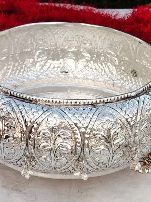 Antique German Silver Urli with Extra Depth | Hanging Ghungaru & Peacock Stand | Pure Silver Finish | Vrindavan Handmade