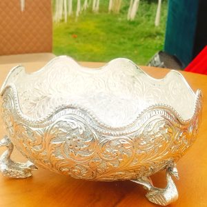 German Silver Antique 3 Peacock Urli | Pure Silver Finish | Extra Depth Urli | Vrindavan Handmade