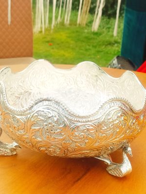 German Silver Antique 3 Peacock Urli | Pure Silver Finish | Extra Depth Urli | Vrindavan Handmade