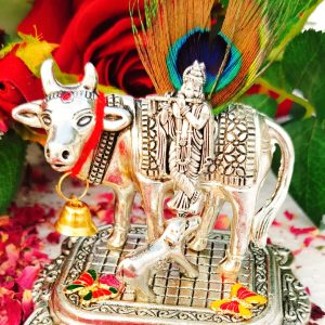 German Silver Big Cow & Calf with Krishna Idol | Engraved Murali Manohar | Vrindavan Handmade