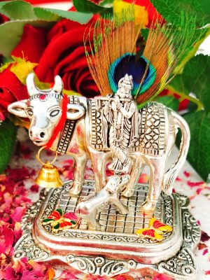 German Silver Big Cow & Calf with Krishna Idol | Engraved Murali Manohar | Vrindavan Handmade