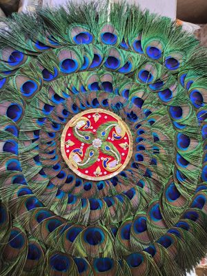 2-Foot Handcrafted Peacock Feather Fan | Silver Stick Mayur Pankh | Handmade in Vrindavan | Temple & Home Decor