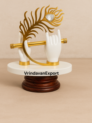 Krishna Flute Hand with Peacock Feather | Elegant White & Gold Resin Statue | Handmade Home Decor – Vrindavan Export
