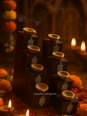Wooden Diya Stand with 5 Steps | Handmade Pooja Deepak Stand for Diwali, Temple & Home Decor | Vrindavan Export