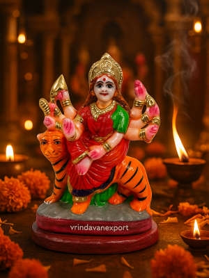 Durga Maa Idol on Tiger | Handmade Maa Durga Murti for Navratri & Temple | Clay & Marble Finish Statue | Vrindavan Export