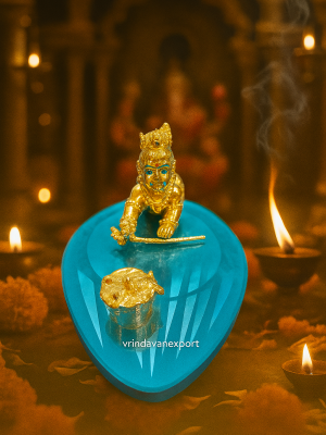 Golden Bal Gopal on Blue Base | Crawling Krishna Idol with Makkhan Pot | Metal Baby Krishna Murti | Vrindavan Export