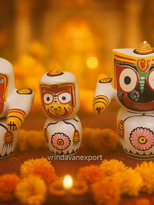 Wooden Jagannath Baldev Subhadra Idol Set | Handpainted White Puri Trio Deities | Temple Pooja Murti | Vrindavan Export