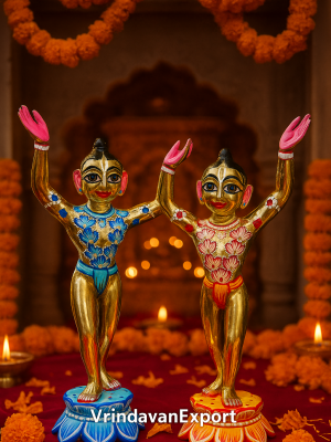 Beautiful 8 Inch Gaur Nitai Idol | Hand-Painted Brass Look Deities | Goura Nitai Murti | Gaura Nityananda Statue from Vrindavan