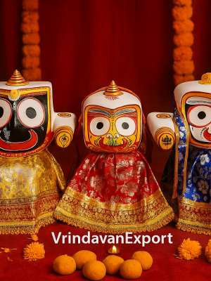 Beautiful 12-Inch Neem Wood Jagannath Baladev Subhadra Deities | Hand-Painted Wooden Idols | Handmade in Vrindavan Holy City