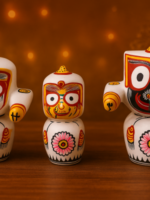 Neem Wood 3-Inch Jagannath Baldev Subhadra Statues – Handmade Devotional Decor from Holy Vrindavan Sacred Wooden Deities for Worship & Gift"