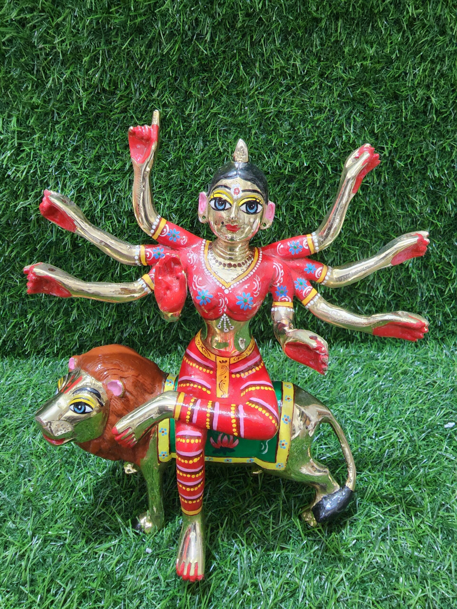 10inch/26cm brass  handmade durga devi murti from vrindavan dham , devi bhagvati in lion , vaishnav devi statue . home , temple