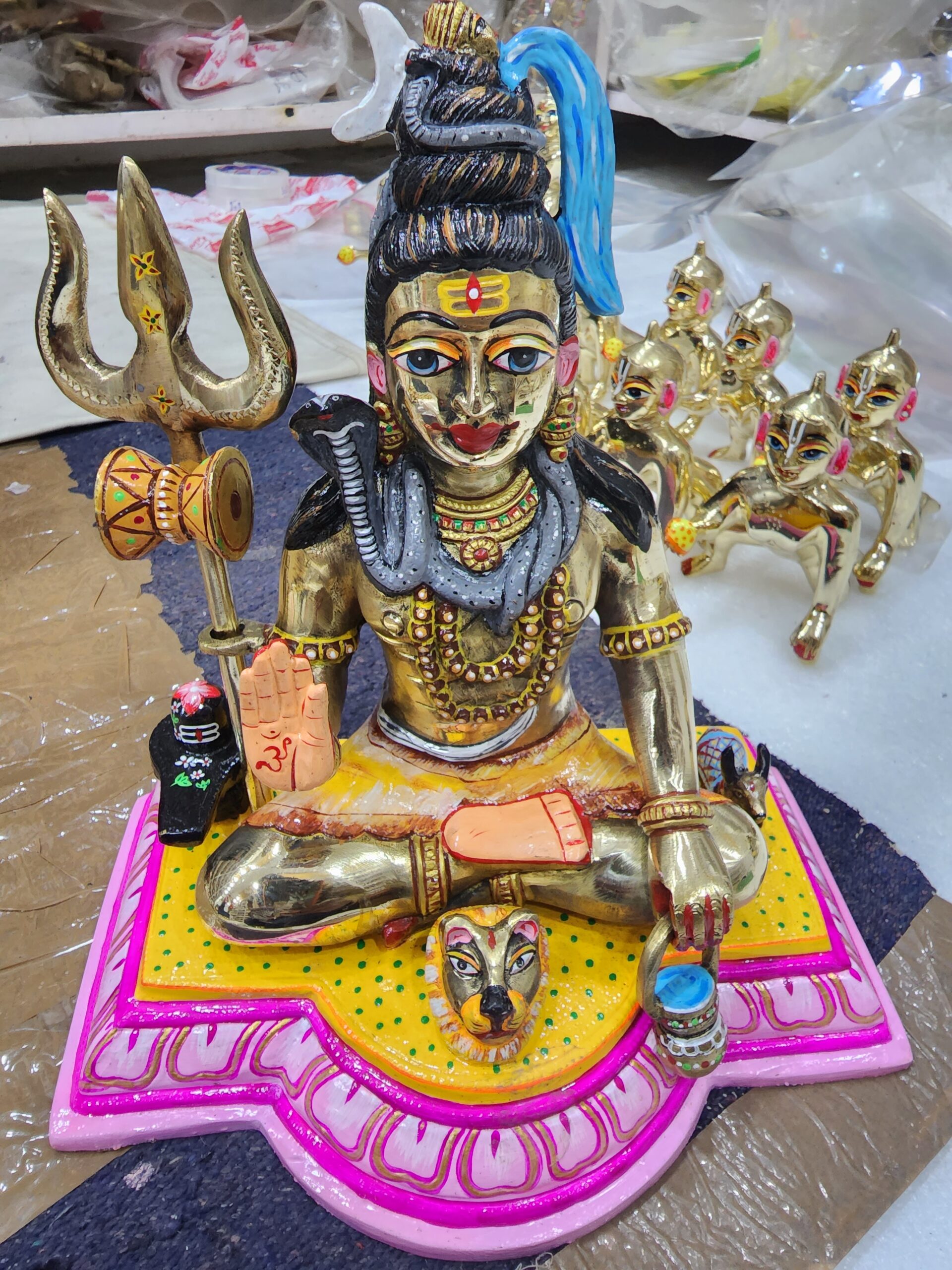 10inch/26cm brass painted shiv ji , shankar bhagvaan full body painted with trishul , sheshnag ,shivling , nandi , kalash and bhairav sign