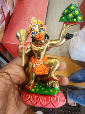 5inch/13cm solid brass antique,  painted standing hanuman with  hill . hanuman bhagvan , bajrang bali murti , ram bhakt hanuman
