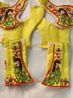 Yellow Silk Deity Dress with Peacock Embroidery | Handmade Gaura Nitai / Radha Krishna Outfit | 2.5–13 Inch Deity Sizes | Vrindavan Temple