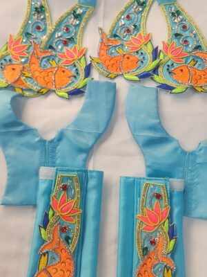 20241206_140622 Aqua Blue Deity Dress with Lotus & Fish Embroidery | Handmade Silk Outfit for Laddu Gopal, Radha Krishna, or Gaura Nitai | Devotional Vastra