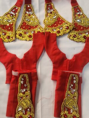 Handmade Red & Gold Embroidered Deity Dress | Stone Work Silk Outfit for Laddu Gopal, Radha Krishna, or Gaura Nitai | Devotional Vastra from