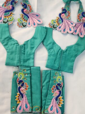 20241206_144209 Handmade Peacock Design Deity Dress | Turquoise Green Outfit for Laddu Gopal, Radha Krishna, or Gaura Nitai | Embroidered Stone Work Vastra