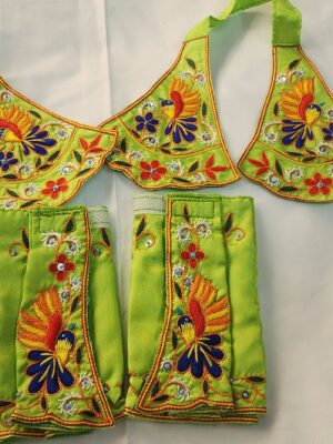 20241206_145327 Handmade Floral Embroidered Deity Dress | Bright Green Outfit for Laddu Gopal, Radha Krishna, or Gaura Nitai | Stone Work Silk Vastra from