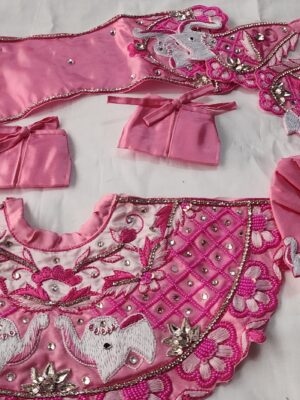 Premium Pink Elephant Embroidery Radha Krishna Dress Set | Handmade Devotional Outfit | Dhoti Kurta Dupatta | Lehenga Choli Set