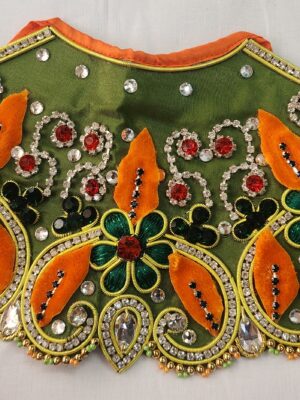 20250301_151619 Handmade Radha Krishna Dress Set | Satin Silk Green Orange Outfit | Heavy Stone Work | Deity Costume | 2.5 to 13 Inch |Vrindavan Temple Wear