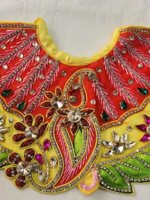 20250301_152054 Yellow Red Green Designer Deity Dress | Silk Gaura Nitai / Radha Krishna Outfit | Handmade Vrindavan Vastra with Stone & Zari Work | 2.5–13,