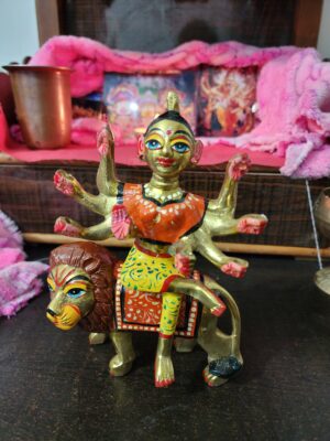 6inch/15cm brass  handmade durga devi murti from vrindavan dham , devi bhagvati in lion , vaishnav devi statue . home , temple