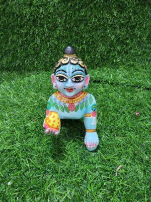 5inch/13cm  blue painted brass laddu gopal deity , vrindavan bal gopal , baby krishna , lord krishna in little form , baby krishna gopal,