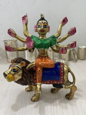 8inch/20cm brass  handmade durga devi murti from vrindavan dham , devi bhagvati in lion , vaishnav devi statue . home , temple