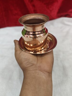 Copper Lota with Om Puja Plate Set | Hindu Kalash Set | Copper Water Vessel for Temple Worship & Religious Rituals