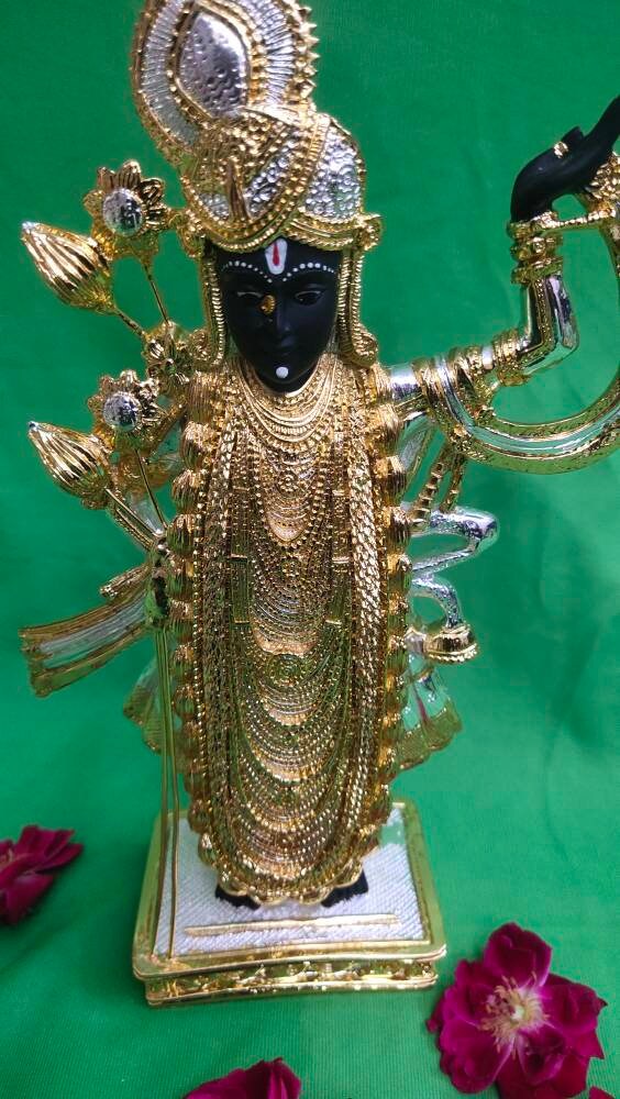 10inch/25cm shrinath ji bhagvan . gold plated 24 crt . 99 percent silver coated , gujrat shrinath ji god , religious statue