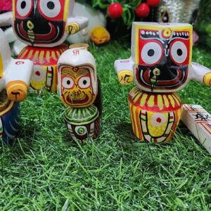 Neem Wood 4-Inch Jagannath Baldev Subhadra Statues – Handmade Devotional Decor from Holy Vrindavan Sacred Wooden Deities for Worship & Gift"