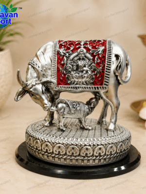034ac11b-b309-4d1a-b57f-cb37d568dca1 Kamdhenu Cow Calf Idol 999 Silver Plated, Lakshmi Gau Mata Statue, Hindu Pooja Murti, Home Mandir Decor, Religious Gift