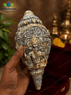 Decorative Shankh 999 Silver Plated | Krishna Arjuna Bhagavad Gita Conch | Heavy Hindu Pooja Decor | Religious Gift with Velvet Box