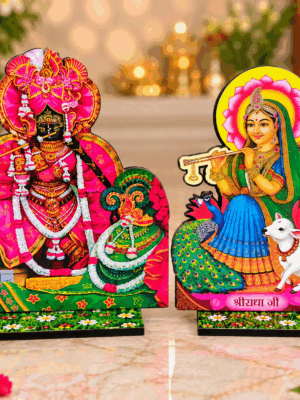0da012ac-df21-42fa-8172-61f50ef108bc Radha Vallabh Lal Ji Radha Rani Idol Set, Vrindavan Wooden Deity Stand, Radha Krishna Mandir Decor, Hindu Pooja Altar, Devotional Gift