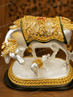 1104fdb0-d3ab-409e-ba4d-a85de531e686 Kamdhenu Cow With Calf Idol, 999 Silver & 24K Gold Plated Cow Statue, Hindu Pooja Gau Mata Murti, Premium Velvet Gift Box