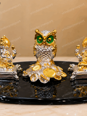 1cea88ae-0a7a-402b-8f4f-36bf854709ee Lakshmi Ganesha Owl Idol Set, 24K Gold Plated 999 Silver Plated Hindu Statue, Diwali Puja Decor, Wealth Prosperity Gift, Velvet Box