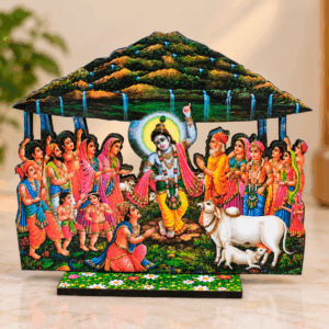Pack of 2 Krishna Govardhan MDF Stand, Govardhan Leela Tabletop Decor, 5 Inch Krishna Cow Cutout, Vrindavan Hindu Altar Gift