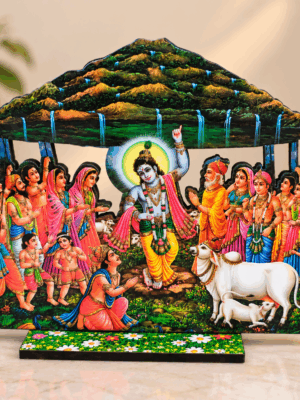 1eed6e48-3cb6-4d72-85d8-c5b715822b84 Pack of 2 Krishna Govardhan MDF Stand, Govardhan Leela Tabletop Decor, 5 Inch Krishna Cow Cutout, Vrindavan Hindu Altar Gift