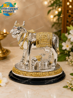 Kamdhenu Cow & Calf Idol 24K Gold 999 Silver Plated | Sacred Hindu Cow Statue | Gau Mata Murti | Wedding Return Gift | Wholesale