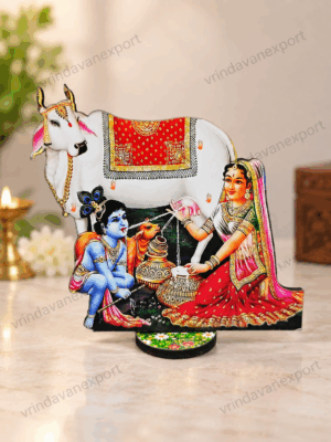 287a10d4-d124-4344-b0d3-bb736c52b839 Yashoda Krishna Cow MDF Stand, Bal Krishna Makhan Leela Decor, Krishna Yashoda Wooden Cutout, Vrindavan Hindu Altar Decor 4 Inch